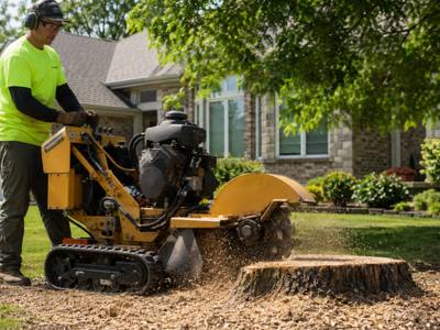 Wood chips spraying from a stump grinder in a backyard