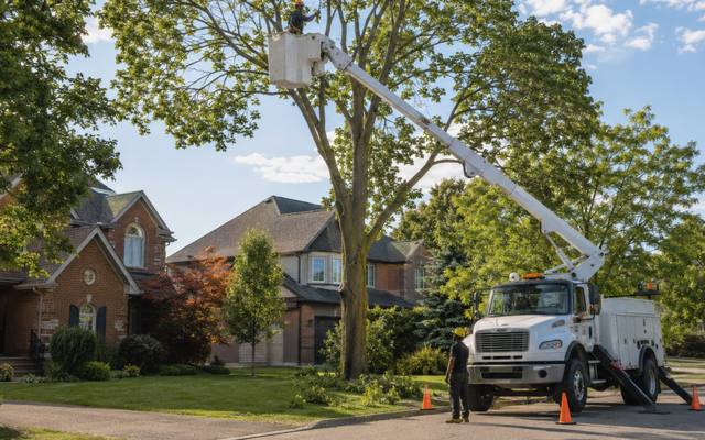 Worker in a bucket lift thinning the upper crown of a tall shade tree