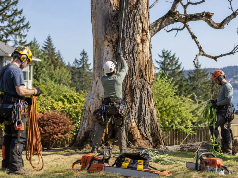 Large tree being taken down in pieces in a residential yard